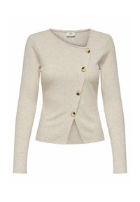 Beige cardigan met lange mouwen van gestructureerde stof met een diagonale voorkant en vier ronde knopen als sluiting.