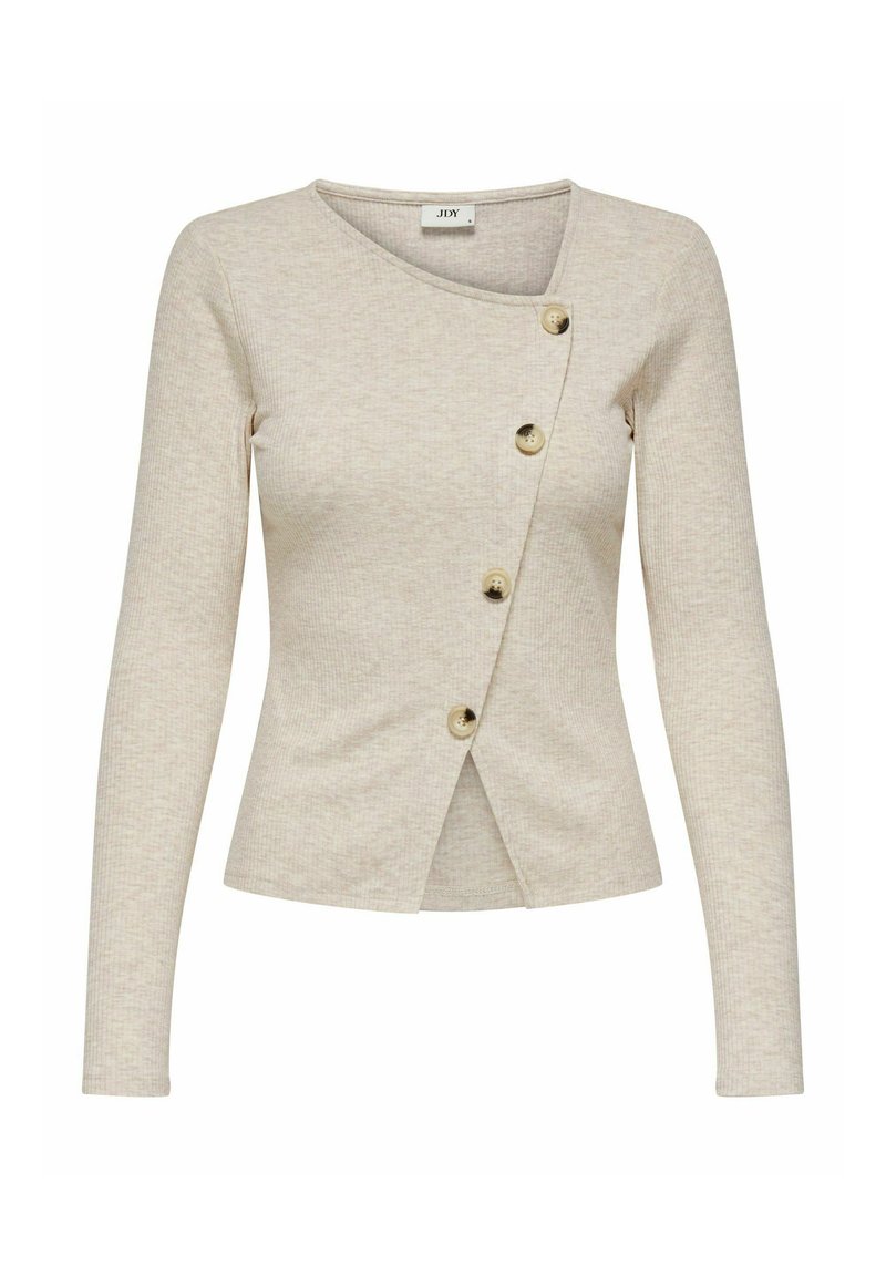Beige cardigan met lange mouwen van gestructureerde stof met een diagonale voorkant en vier ronde knopen als sluiting.