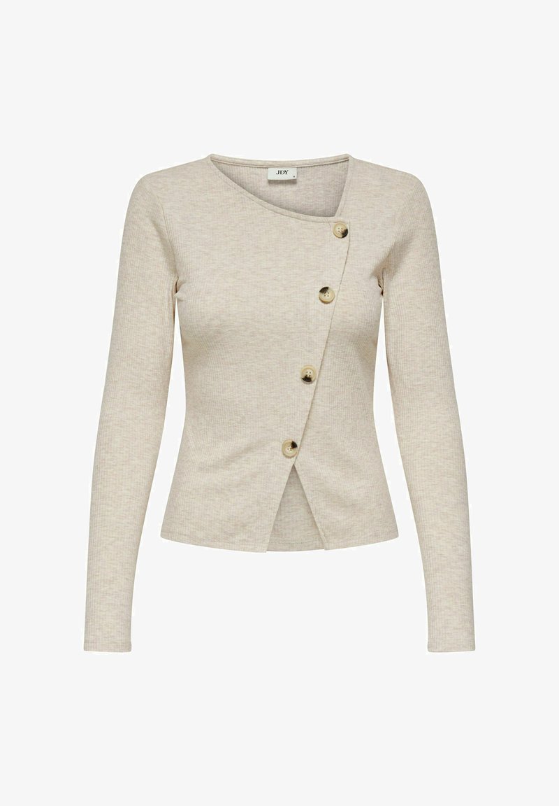 Beige cardigan met lange mouwen van gestructureerde stof met een diagonale voorkant en vier ronde knopen als sluiting.