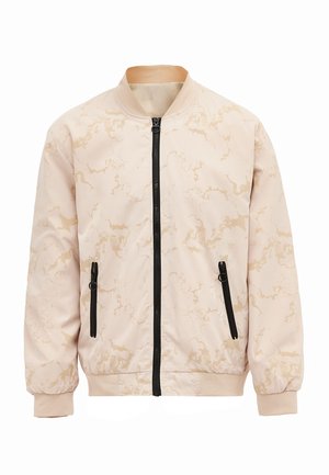Lys beige bomberjakke med marmor mønster, lynlås foran og sorte lynlåslommer. Har ribbet krave og manchetter for en tætsiddende pasform.