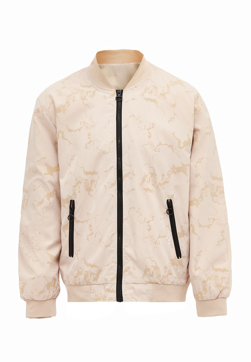 Giacca bomber beige chiaro con motivo marmorizzato, chiusura con zip frontale e tasche con zip nere. Presenta colletto e polsini a coste per una vestibilità aderente.
