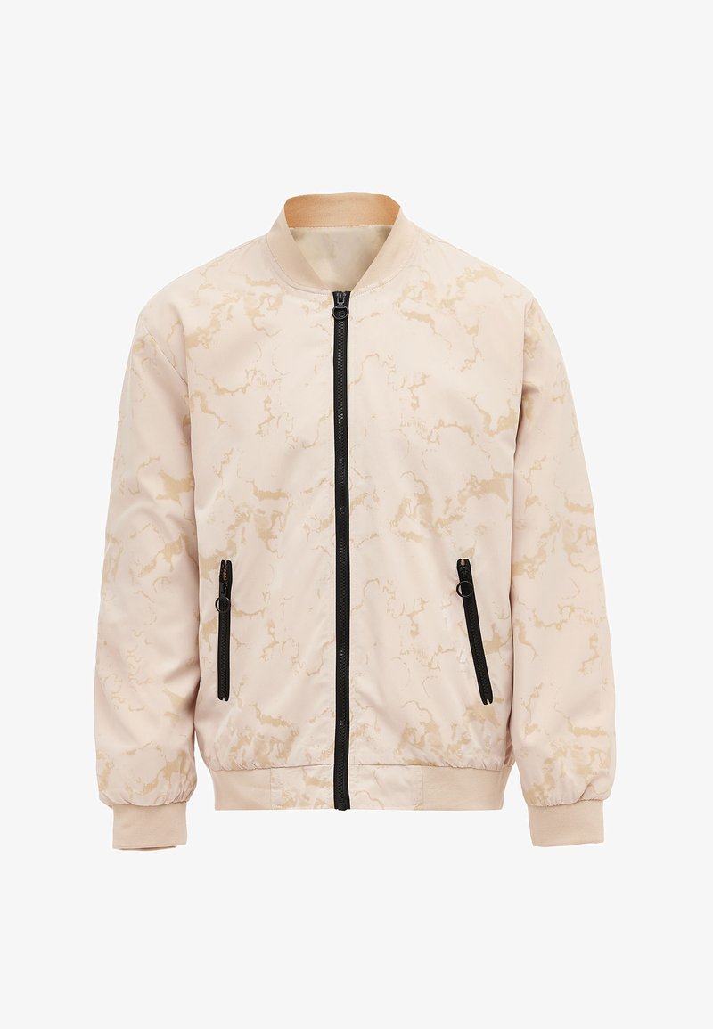 Lichtbeige bomberjack met een marmerpatroon, rits aan de voorkant en zwarte ritszakken. Voorzien van ribgebreide kraag en manchetten voor een comfortabele pasvorm.