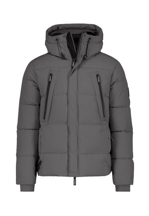Gray padded jacket with a hood, front zip, and two chest pockets. Features quilted design and elastic cuffs for warmth and comfort.