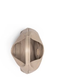 Beige leather bag with a smooth texture, zippered interior pocket, and card slots on one side, featuring a minimalist design.