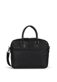 Sort læder laptop taske med dobbelte håndtag, justerbar skulderrem og lynlås. Glat tekstur med diskrete stitching-detaljer.
