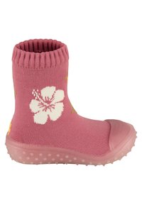 Rosa Sockboot mit geripptem Bündchen, florales Muster in Weiß und Grün, Gummisohle mit strukturiertem Grip und runder Zehenform.