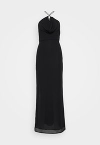 Rochie maxi neagră cu guler halter și corp drapat. Țesătură netedă cu o siluetă ajustată și fustă fluidă, având un tiv transparent.