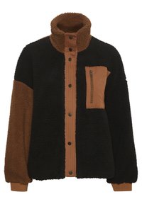 Musta ja ruskea fleecetakki, jossa on korkea kaulus, painonapit ja rintatasku. Rakeinen kangas, jossa on kontrastivärisiä paloja.