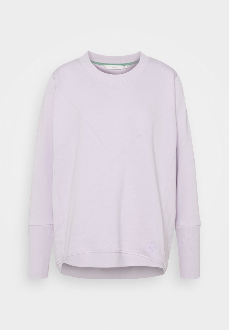 Sweat-shirt violet clair à manches longues, col rond, avec des coutures en forme de V discrètes et des poignets côtelés, présenté sur un fond blanc uni.