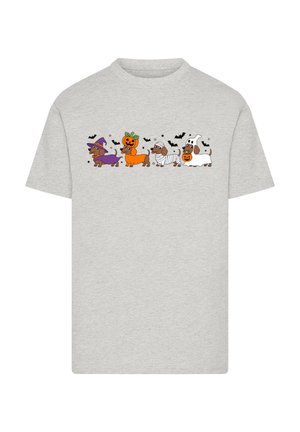 Graues Baumwoll-T-Shirt mit Cartoon-Hunden in Halloween-Kostümen: eine lila Hexe, ein Kürbis, eine Mumie und ein Gespenst, mit Fledermäusen im Hintergrund.