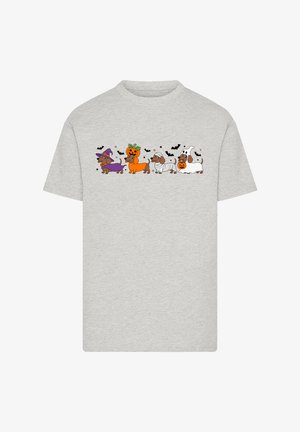 Grey cotton T-shirt featuring cartoon dogs in Halloween costumes: a purple witch, a pumpkin, a mummy, and a ghost, with bats in the background.