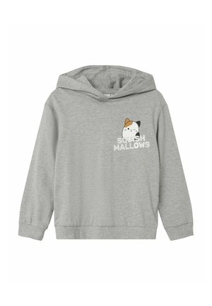 Sudadera gris de tejido suave con un gráfico de un gato con un sombrero y el texto "SQUISH MALLOWS" debajo en blanco. Mangas largas y capucha.