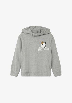 Pilkas džemperis su minkšta medžiaga, su katės grafika, dėvinčia skrybėlę, ir tekstu "SQUISH MALLOWS" po ja baltame fone. Ilgos rankovės ir kapišonas.