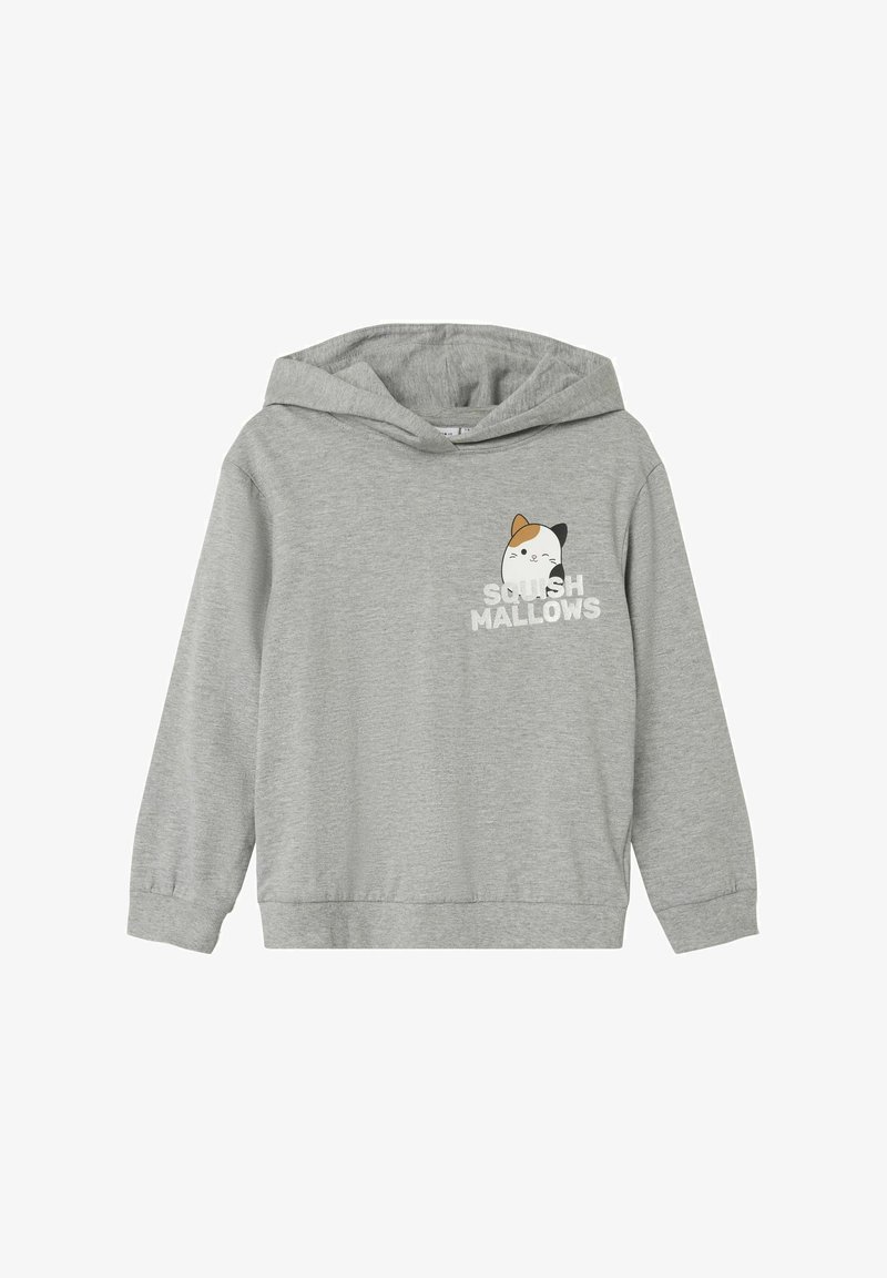 Šedá mikina z měkké tkaniny, na které je potisk kočky s kloboukem a text "SQUISH MALLOWS" pod ním v bílé barvě. Dlouhé rukávy a kapuce.