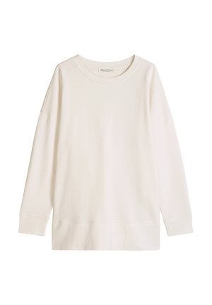 Long-sleeve cream-colored crewneck sweatshirt with ribbed cuffs and hem, displayed against a white background.