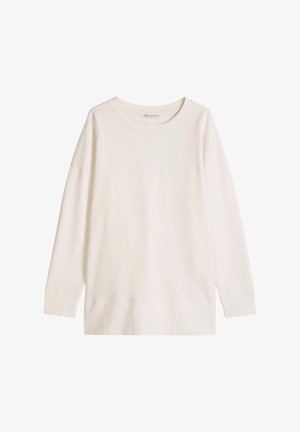 Kremowa bluza z długim rękawem i okrągłym dekoltem, z prążkowanymi ściągaczami na mankietach i u dołu, pokazana na białym tle.