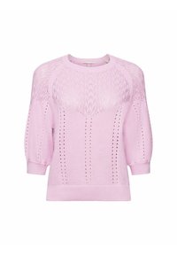 Pull en tricot rose clair avec manches courtes bouffantes, présentant un motif texturé de lignes verticales et diagonales, et des poignets côtelés.