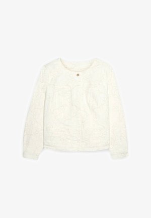 Jachetă crem cu mâneci lungi, broderie florală subtilă, decolteu rotund, închidere frontală cu nasturi și două buzunare frontale.