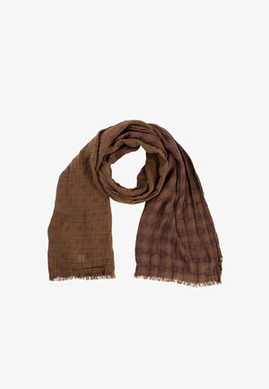 Brauner leichter Schal mit dezentem Karomuster und ausgefransten Kanten, locker auf weißem Hintergrund drapiert.