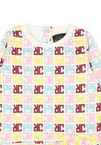 Maglia a maniche lunghe in misto cotone con motivo a quadrati colorati che presentano "JR" in rosso, blu, rosa e giallo su sfondo bianco. Chiusura a pressione sul collo.