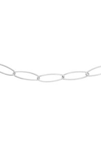 Catena in metallo argento con anelli ovali allungati e finitura liscia, distribuiti in modo uniforme, adatta per vari utilizzi in gioielleria.