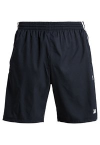 Schwarze Sportshorts aus leichtem Stoff, mit einem elastischen Bund und weißen Seitstreifen für zusätzliche Details.