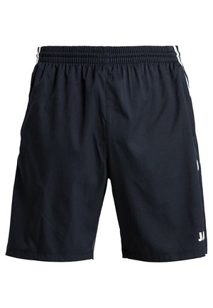 Shorts de sport noirs en tissu léger, avec une taille élastique et des rayures blanches sur les côtés pour plus de détail.