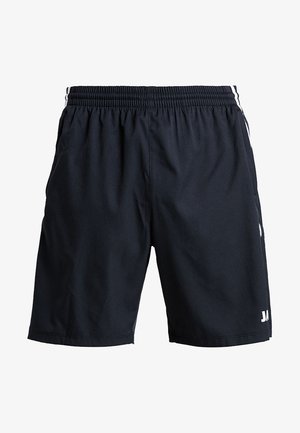 Schwarze Sportshorts aus leichtem Stoff, mit einem elastischen Bund und weißen Seitstreifen für zusätzliche Details.