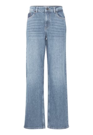 Jasnoniebieskie dżinsy z szerokimi nogawkami, wysoki stan, zapięcie na guzik i tradycyjny pięciokieszeniowy krój. Lekkie przetarcia na całej tkaninie.