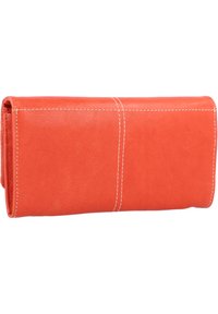 Oranje leren portemonnee met witte stiksels, met een gladde textuur en een rechthoekige vorm zonder zichtbare hardware of versieringen.