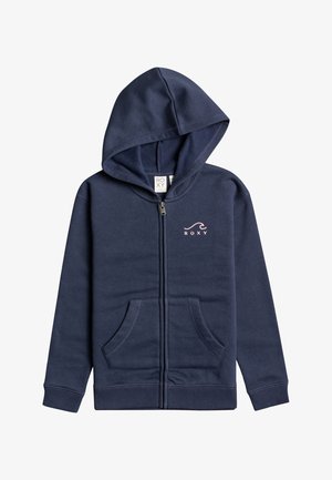 Sudadera con cremallera azul marino hecha de mezcla de algodón, con un logo en el frente, dos bolsillos laterales y capucha con cordón. Puños y dobladillo acanalados.