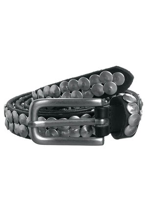 Cintura in pelle nera arrotolata, decorata con due file di borchie rotonde in metallo argentato, e fibbia doppia in metallo argentato.