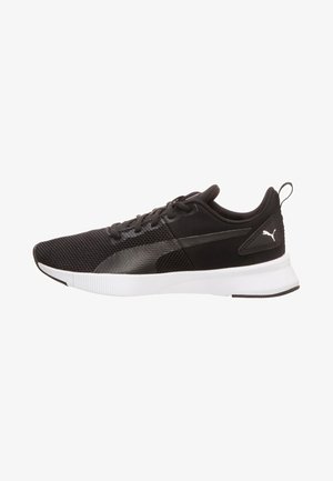 Black athletic shoes with a mesh upper, smooth accents, and a white midsole. Features a logo on the side and a pull tab at the back.