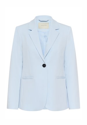 Hellblauer Blazer mit einem Knopf, Einkerbung im Revers, zwei vorderen Paspeltaschen, taillierter Schnitt und glattem Stoff.