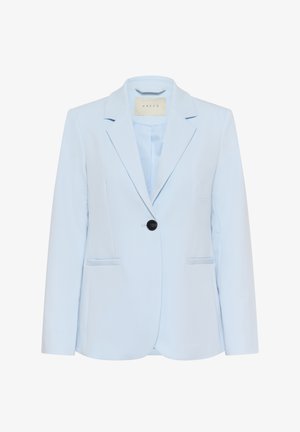 Hele sinine ühe nupu jaotusega bleiser sälk-lapetega ning kahe esipoolse välis taskuga, istuv lõige ja sile kangas.