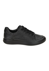 Black leather sneaker with textured upper, round toe, and thick rubber sole. Features black laces and low-profile design.