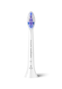 Philips Sonicare tandenborstelkop, witte plastic, langwerpige ovale vorm, blauwe en paarse haren, met logo en modelnummer S2 op het handvat.