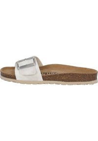 Sandale blanche avec une boucle en argent, semelle en liège et semelle extérieure en caoutchouc. Texture lisse sur le dessus avec une forme contour pour le confort.