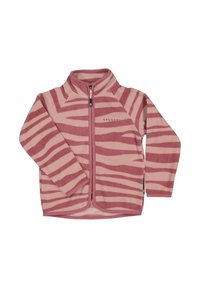 Fleece takki, jossa on vetskari edessä, vaaleanpunainen perusteema ja tummemman vaaleanpunaiset seepra raidat. Korkea kaulus ja pitkät hihat, pehmeä rakenne. Brändilogo sisältyy.