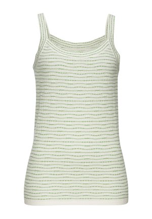 Hellgrünes Tanktop mit dünnen Trägern, das ein strukturiertes Muster aus Wellenlinien und kleinen Punkten auf einem cremigen Hintergrund zeigt.
