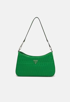 Sac à bandoulière matelassé vert avec fermetures argentées et logo triangulaire Guess au centre avant.