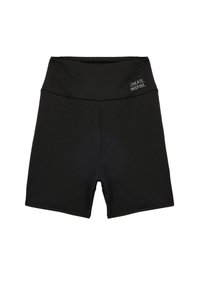 Zwarte high-waisted shorts van rekbare stof met een gestructureerde afwerking. Bevat witte tekst "CREATE. INSPIRE." op de tailleband.
