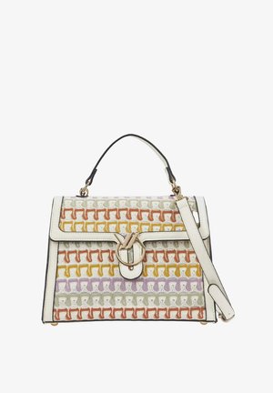 Bolso estructurado con patrón geométrico multicolor, ribete de cuero blanco, asa superior, correa de hombro desmontable y cierre circular dorado.