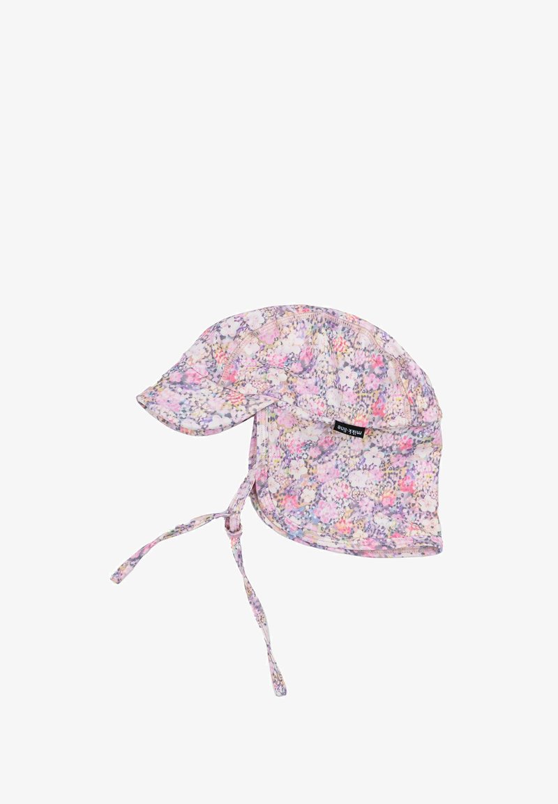 Cappello da sole floreale realizzato in tessuto leggero. Presenta una larga visiera, una protezione per il collo e lacci regolabili. Fantasia floreale colorata in rosa, viola e bianco.