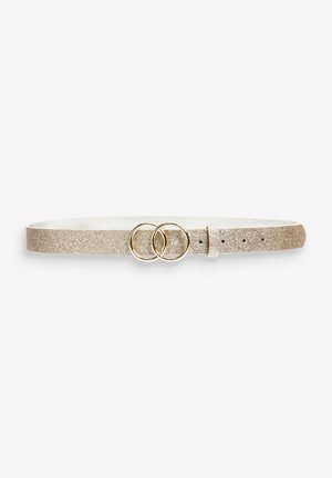 Ceinture beige pailletée avec deux boucles entrelacées en anneaux d'or et plusieurs trous de réglage, posée à plat sur une surface blanche.