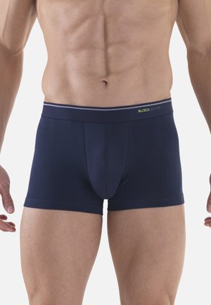 Marineblaue Herrenboxershorts aus weichem Stoff, mit anliegendem Schnitt, elastischem Bund mit hellgrauen und grünen Akzenten und ohne sichtbare Muster.