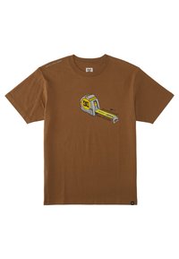 Brown cotton t-shirt featuring a graphic of a measuring tape in gray and yellow. Short sleeves and crew neckline, with branding on the shoulder.