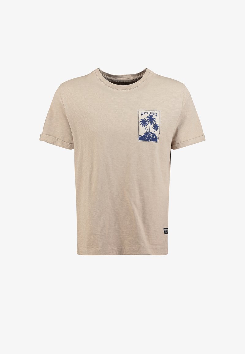 T-shirt beige à manches courtes avec revers roulés et petit motif de palmier bleu avec l'inscription "WAVE RIDER" sur le côté gauche de la poitrine.