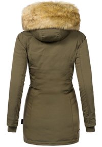 Olive green parka jacket with a plush, faux fur hood. Features a fitted design, ribbed cuffs, and a smooth, water-resistant exterior.