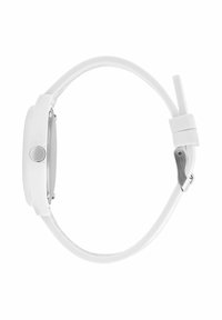 Orologio da polso bianco con quadrante rettangolare argentato, cinturino in silicone bianco liscia e chiusura in metallo; design minimalista con un unico pulsante.